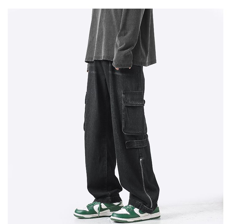 American retro jeans men and women zipper trousers large pockets high street overalls loose trousers comfortable wide leg pants
