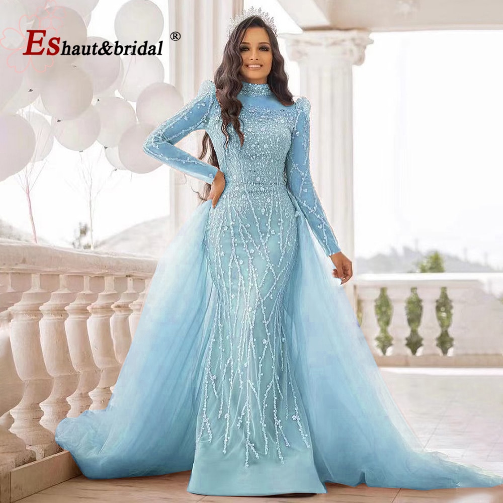 Elegant Pink Muslim Mermaid Evening Dress for Women 2022 Long Sleeves High Neck Beads Sequin Formal Prom Wedding Party Gowns