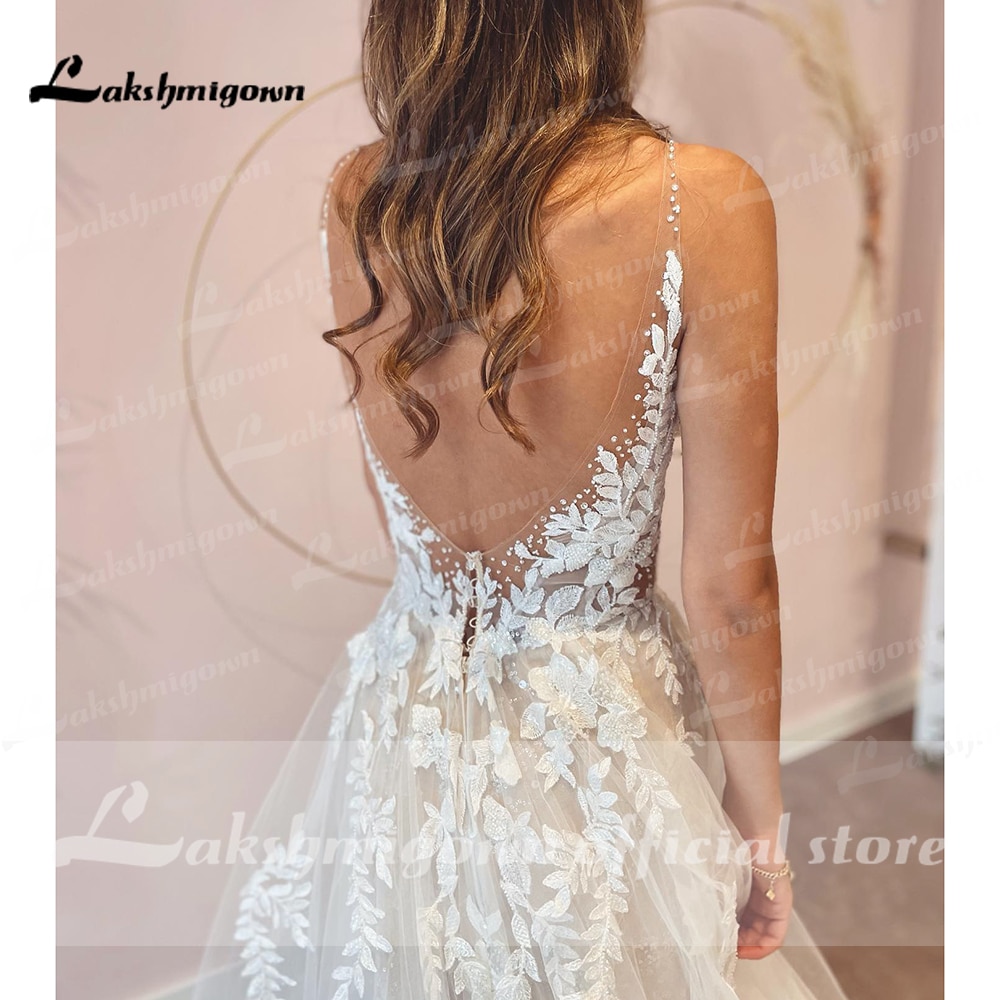 Sexy A-Line Backless Wedding Dress 2023 Vintage Lace Applique Beaded Off White Tulle Wedding Gowns Trouwjurk Long Bridal Dress