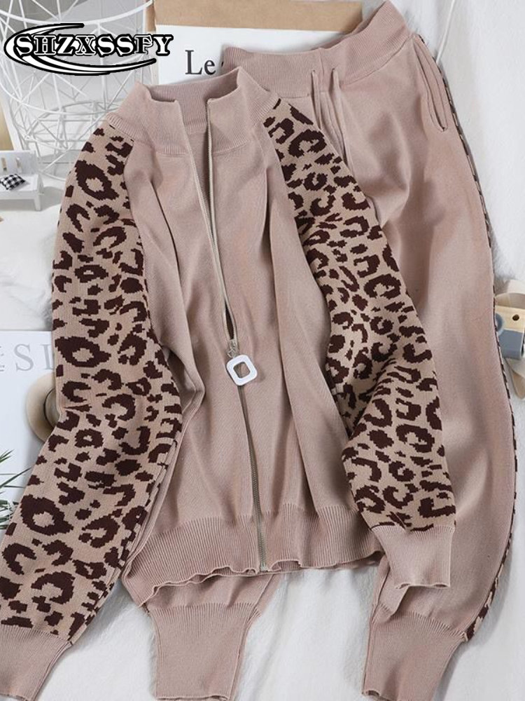 Women's Warm Suit Leopard Zipper Knitting Sweater Two Piece Set Women Top and Pants Casual Loose Autumn Winter Women's Warm Suit