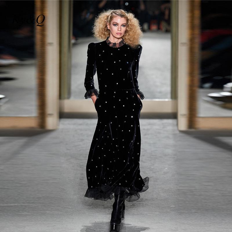 2021 Women Elegant Solid black Shiny Sequin diamond Mesh Patchwork Velvet Party Dress flounces Long Sleeve High Neck Midi Dresse