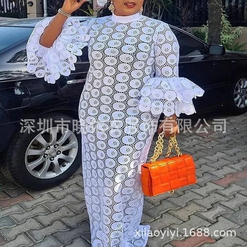 New Long Skirt Lace White Fragrance High Waist Stitching Long Skirt Hollow Irregular Dress African Women's Clothing