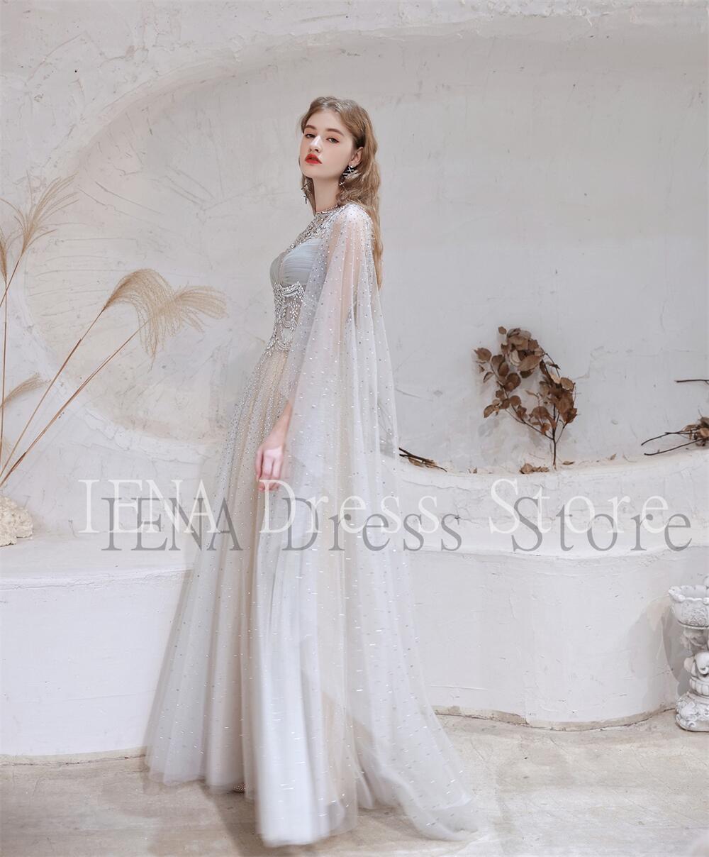 14272#IENA Long Cape Sleeves Chiffon Bohemian Prom Dresses 2023 Backless Vintage Crew Neck Party Gowns Plus Size Evening Dresses