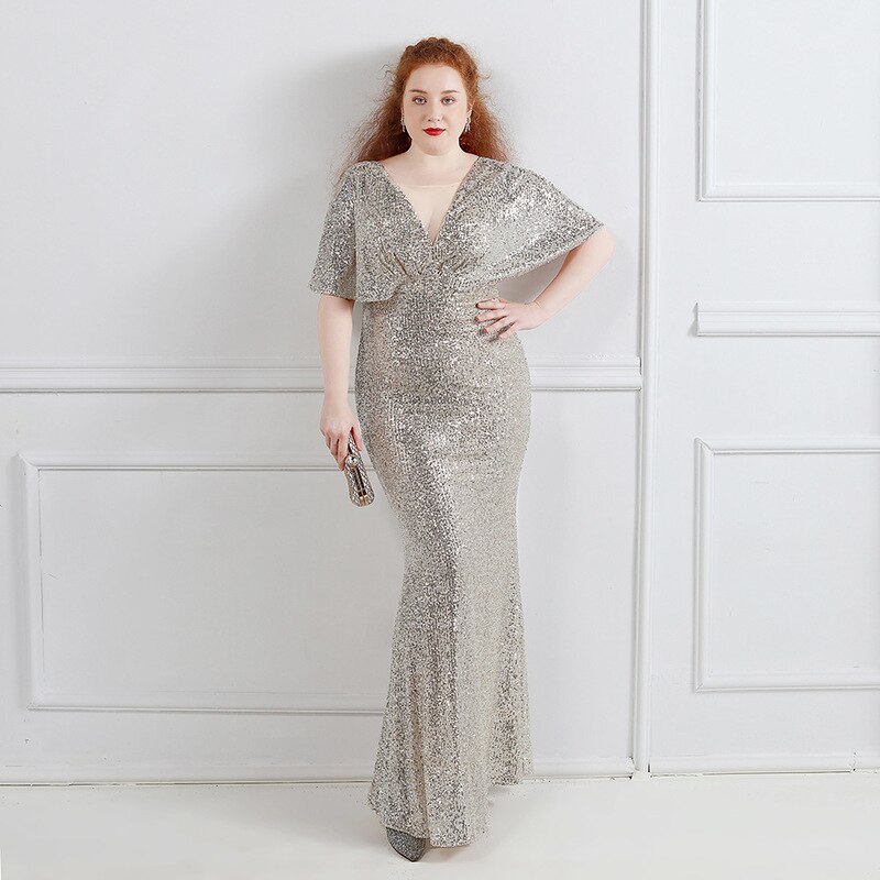 White Sequins Simple Evening Dress V-Neck Ruffles Short Sleeves Floor-Length Fashion Mermaid Plus Size Women Formal Gowns D1274