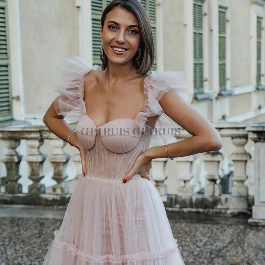 Simple Pink Short Prom Dresses Spaghetti Straps Tiered Tulle Tea-Length Wedding Party Dress Evening Wear Robes