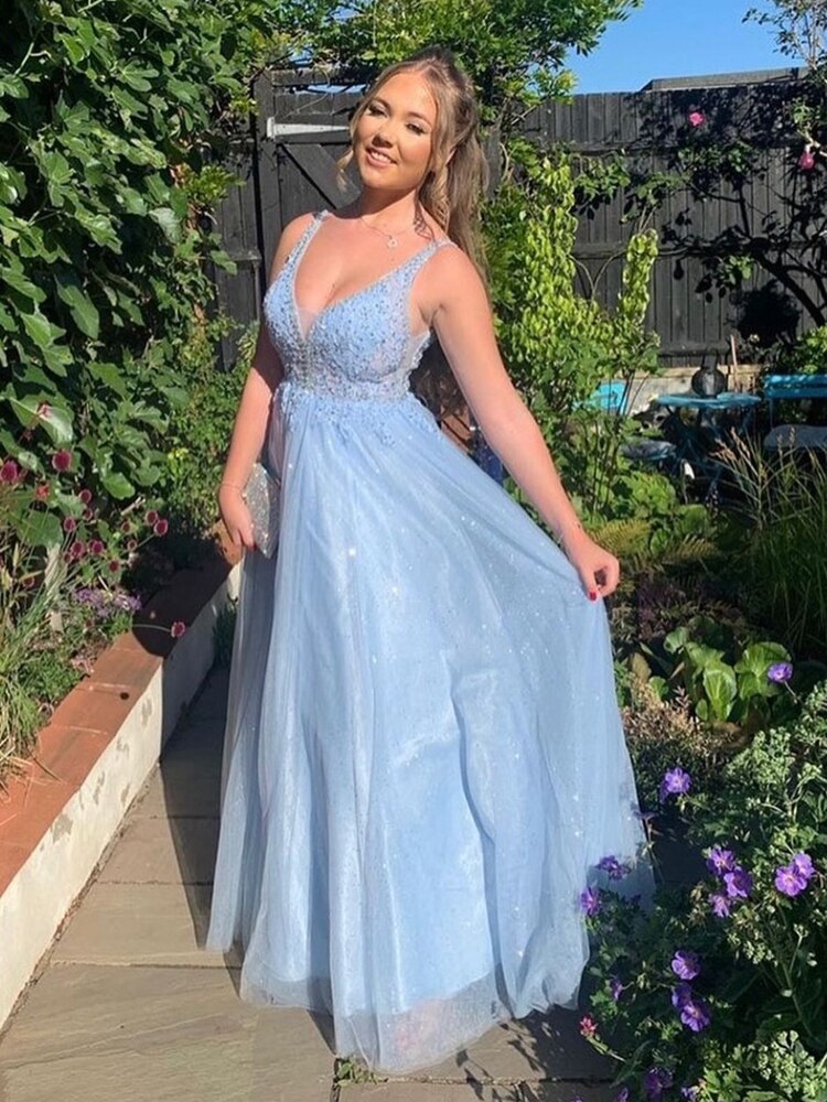 AIOVOX Princess V-Neck Appliques Prom Dresses Women 2022 Tulle Sequin Vestidos De Gala Candy Color A-Line Party Gown Custom-Made