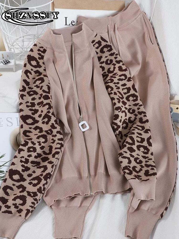 Women's Warm Suit Leopard Zipper Knitting Sweater Two Piece Set Women Top and Pants Casual Loose Autumn Winter Women's Warm Suit