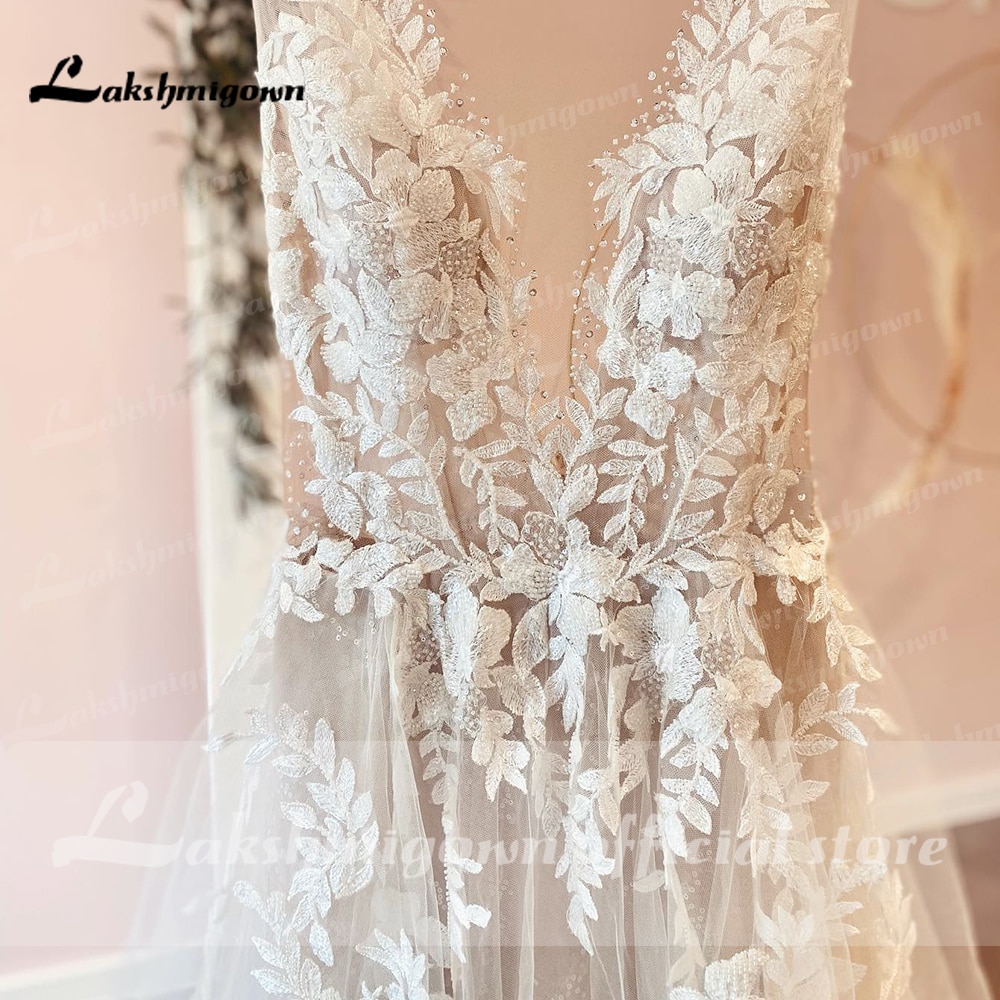 Sexy A-Line Backless Wedding Dress 2023 Vintage Lace Applique Beaded Off White Tulle Wedding Gowns Trouwjurk Long Bridal Dress