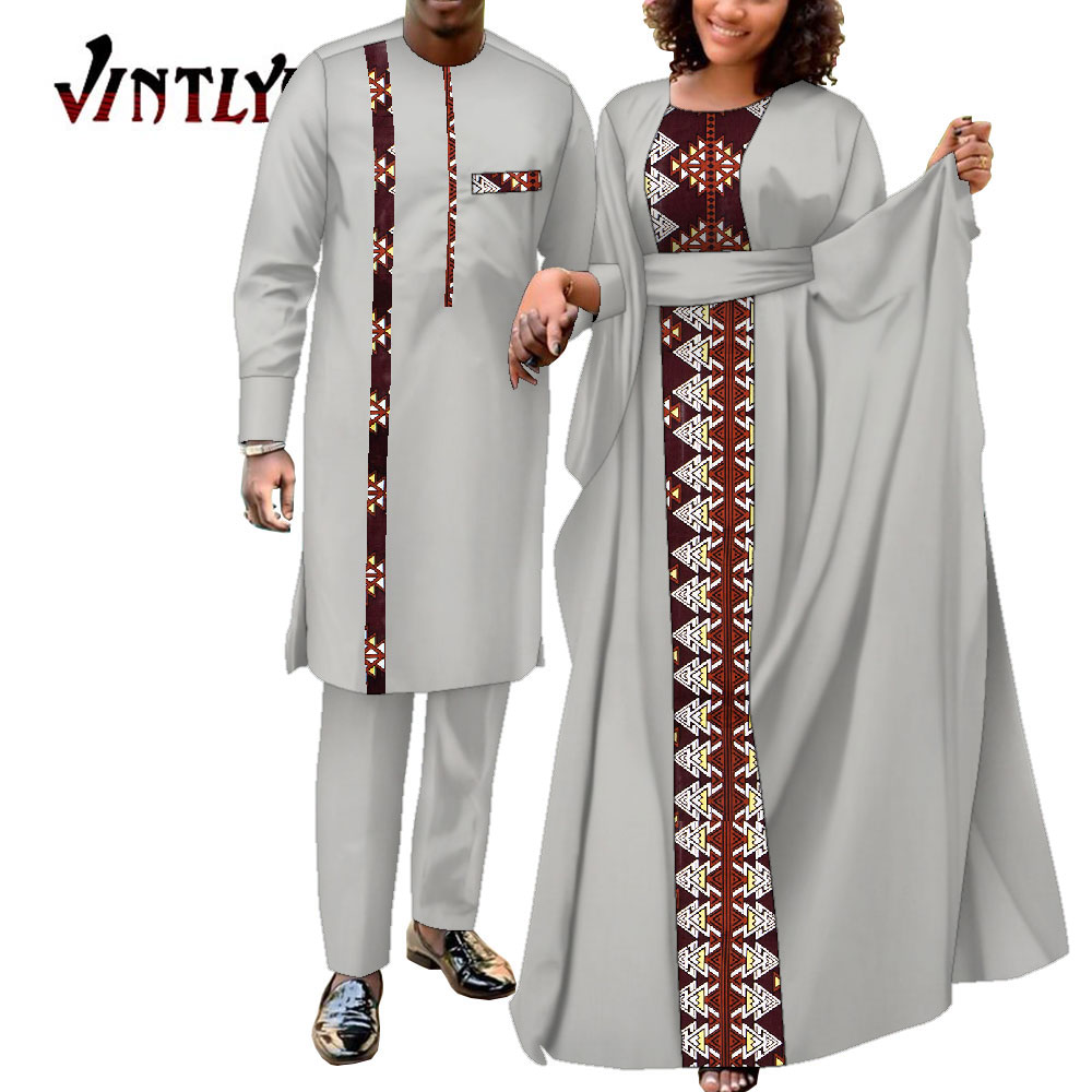 2 Pcs African Dresses for Women and Dashiki Men Suits Floral Print Couple Clothes Lovers Outfit Patchwork Robe Dress Wyq949