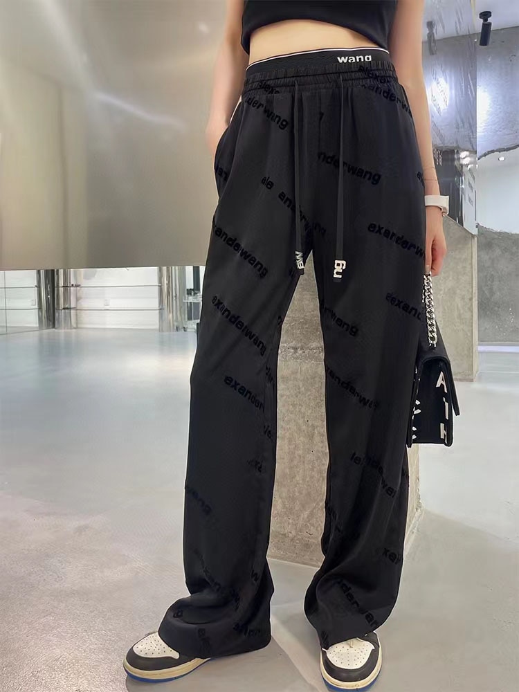 22FW New Flocking Printed Letter Webbing Drawstring High Waist Wide Leg Pants All-match Thin Women's Casual Pants High Quality
