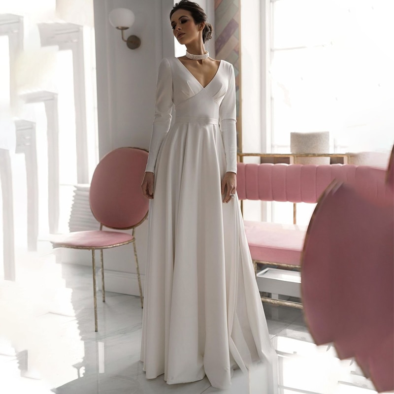 TIXLEAR Vintage Satin Wedding Dress Women 2022  Long Sleeves  Simple Elegant  V-neck Backless Bling Civil  Bridal Gown Cheap