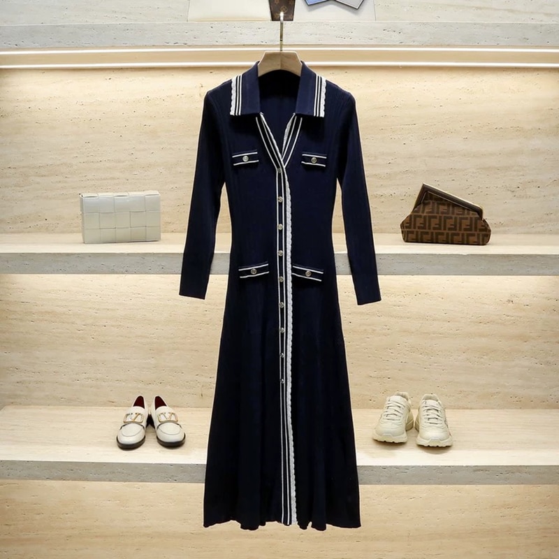 2022 France High-Quality Knitting Stripes Contrast V Neck Long Sleeve A-Line Dress Women Elegant Single-breasted Slim Long Dress