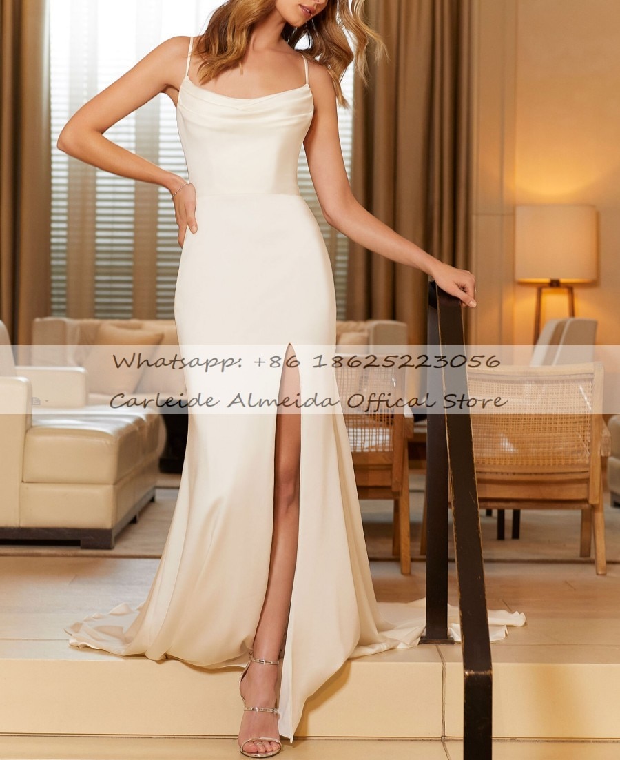 Spaghetti Straps Soft Satin Simple Wedding Dresses for Beach Side Slit Low Back Sexy Cheap Bridal Gowns for Wedding