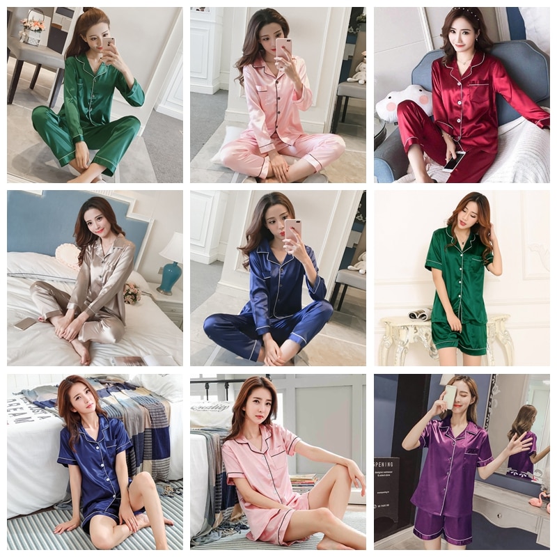 Womens Silk Satin Pajamas Pyjamas Set Sleepwear Pijama Pajamas Suit Female Sleep Two Piece Set Women's Loungewear Plus Size