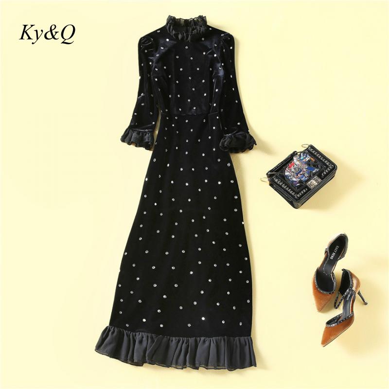 2021 Women Elegant Solid black Shiny Sequin diamond Mesh Patchwork Velvet Party Dress flounces Long Sleeve High Neck Midi Dresse