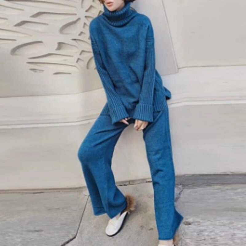 GIGIYW Winter Fashion High Neck Split Thickened Sweater Wide Leg Pants Slouchy Loose Knitted Set Women Autumn Winter 2022 New