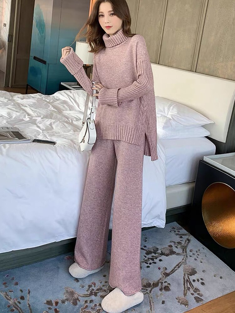 GIGIYW Winter Fashion High Neck Split Thickened Sweater Wide Leg Pants Slouchy Loose Knitted Set Women Autumn Winter 2022 New