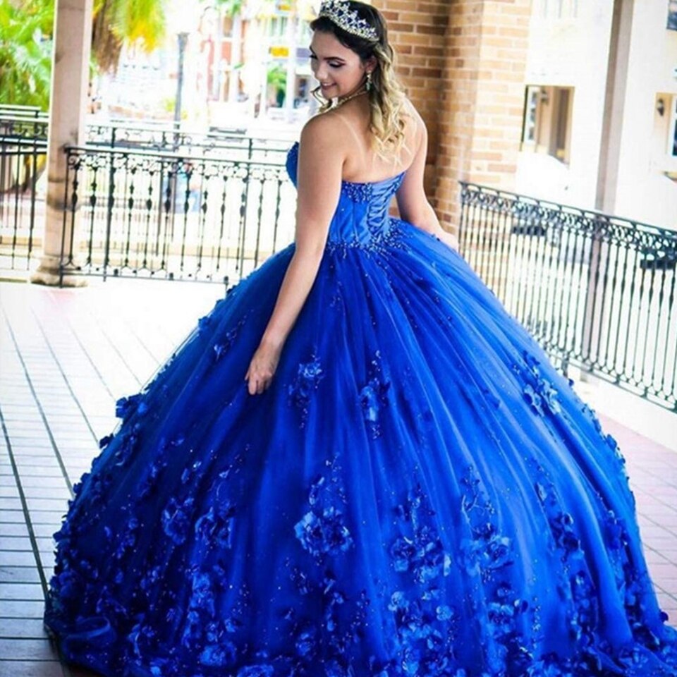 Elegant Royal Blue Quinceanera Dresses 2022 Ball Gown Strapless 3D Flowers Appliques Shiny Beaded Princess Vestidos De 15 Años