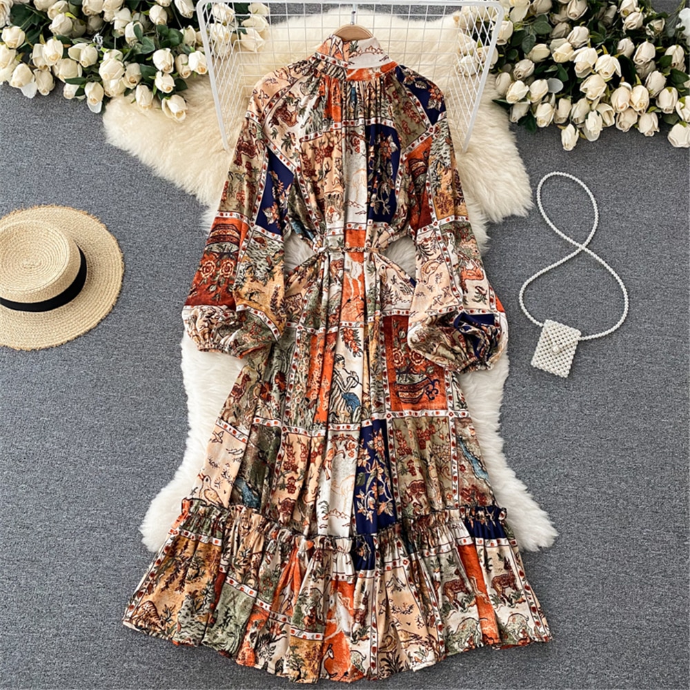 Boho Indie Folk Women Printed Loose Dress Autumn Fashion Bandage Long Sleeve Pleated Dresses Vintage Vestidos Female Clothing