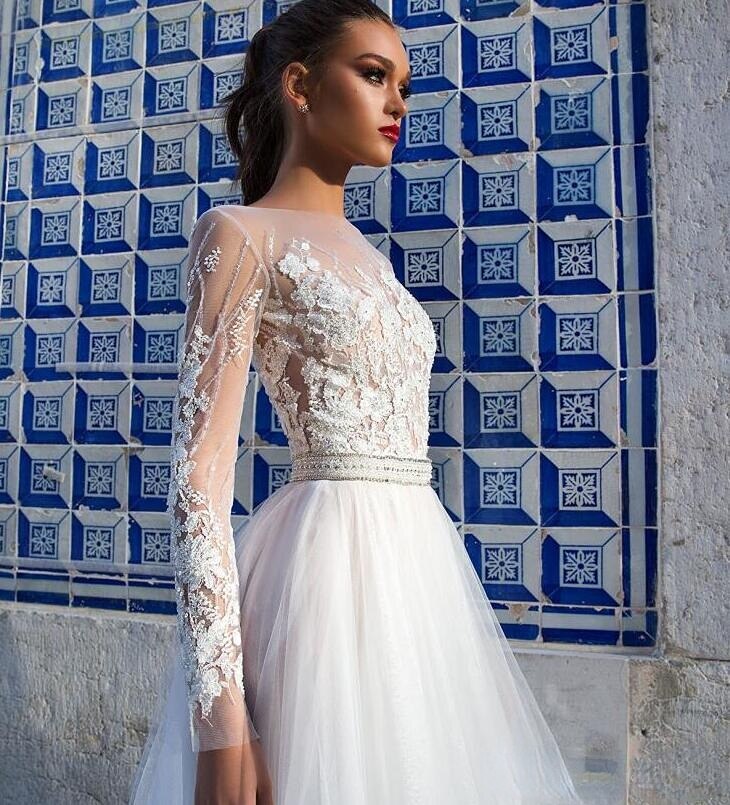 Lace Wedding Dresses A Line Long Sleeves Boho Bridal Gowns Illusion Jewel Neck Sweep Train Vintage Lace Wedding Reception