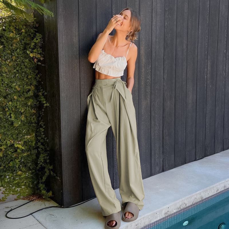 EleeMee Women Pants Wide Leg Pants Cross Strap High Waist Casual Straight Ultra Long Trousers Female Fashion Pants Size S-L