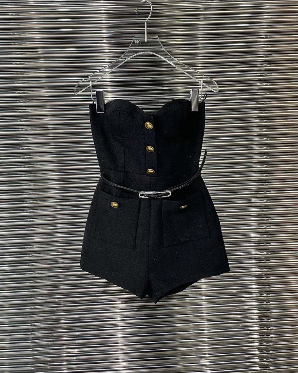 GetSpring Women Sets Metal Button Short Black Blazer Jacket Strapless Slim Playsuits Two Piece Sets 2022 Autumn Winter Fashion