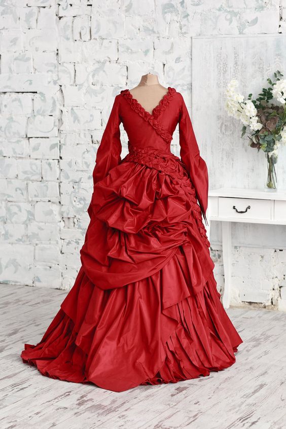 Red Burgundy Mina's Occasion Prom Dresses Long Sleeve Rose Floral Halloween Victorian Ballroom Dracula Bram Evening Gown