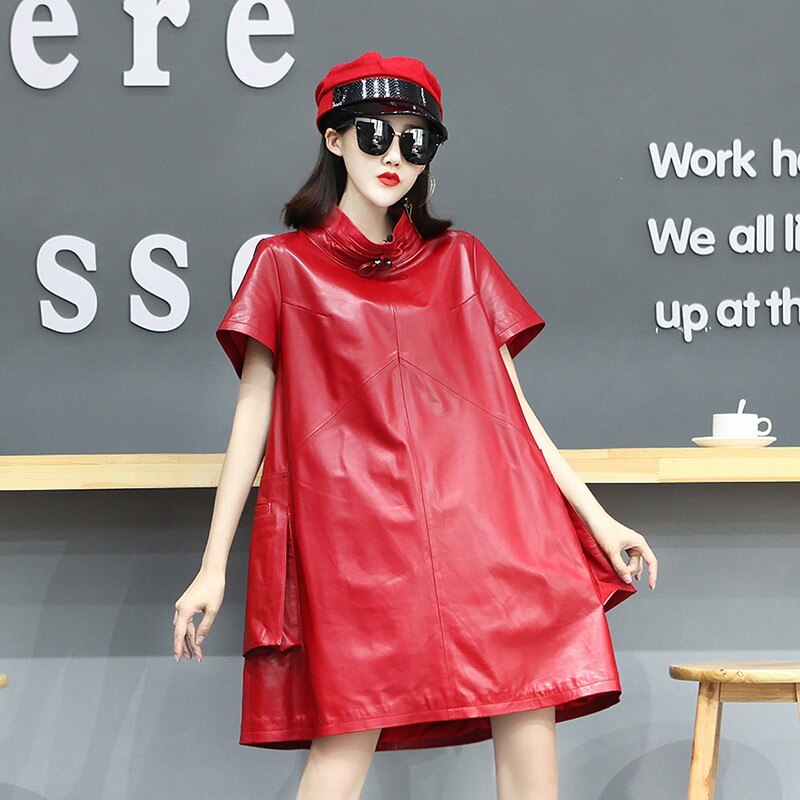 High Street Harajuku Women Loose Fit Mid Dress Short Sleeve Turtleneck Genuine Leather Dress Pockets Belted Oversized Dresses