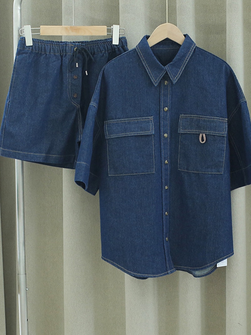 Women's Turn-Down Collar Denim Suit Bead Chain Denim Jacket and High Waist Elastic Lace-Up Shorts Lady Solid Color All-Match Set