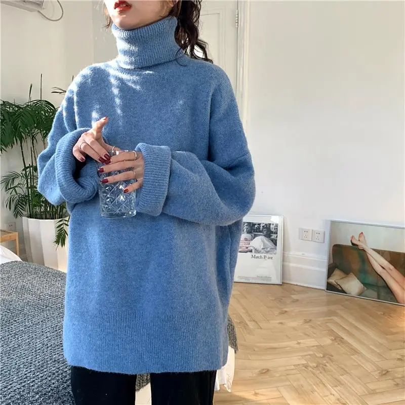 Thickened Solid Color High Collar Sweater Female Students Autumn Winter New Loose Head Set Hundred Open Knitted Sweater Jacket