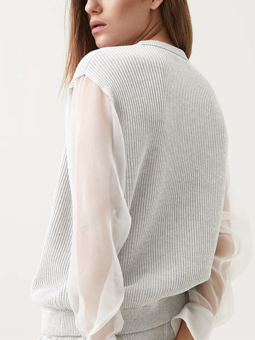 Women Mesh Stitching Knit Gray Set Ladies Long Sleeve O-neck Sweater Pullover or Elastic Waist Shorts