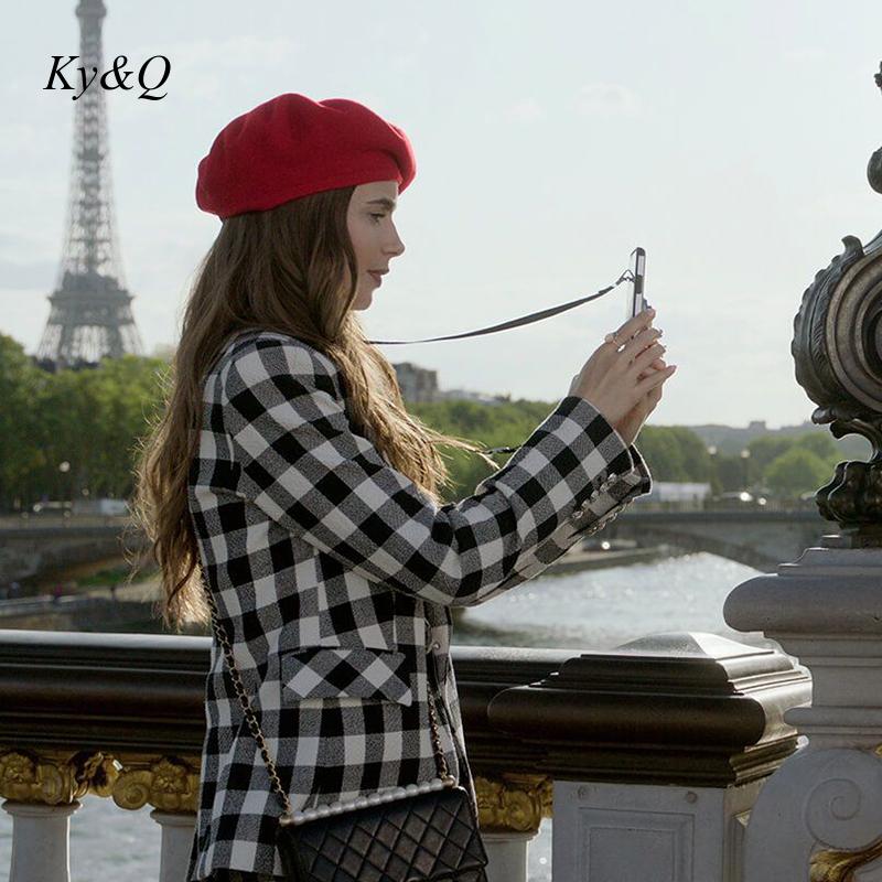 Emily In Paris Same Classic Black White Plaid Blazer woman High Waist Shorts Elegant Tweed Fashion Suit Coat short pants Female