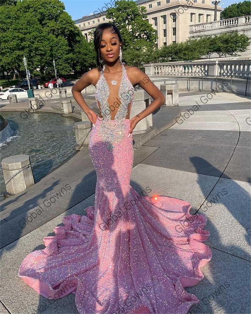 Pink Halter Evening Dress Beaded Crystal Birthday Party Gowns Sparkly Sequined Long Prom Dresses Mermaid Robe De Bal