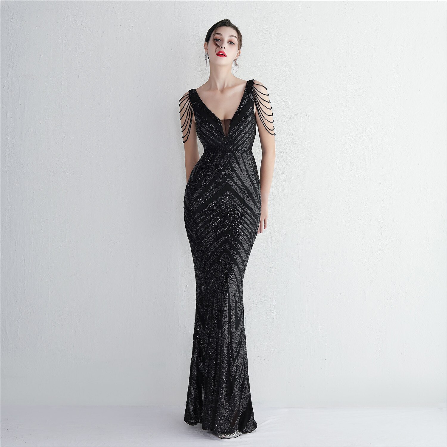 Beauty-Emily Beading V-Neck Women Evening Dress Luxury Long Mermaid Party Dress Sleeveless ED19639 Sexy Prom Gowns Appliques