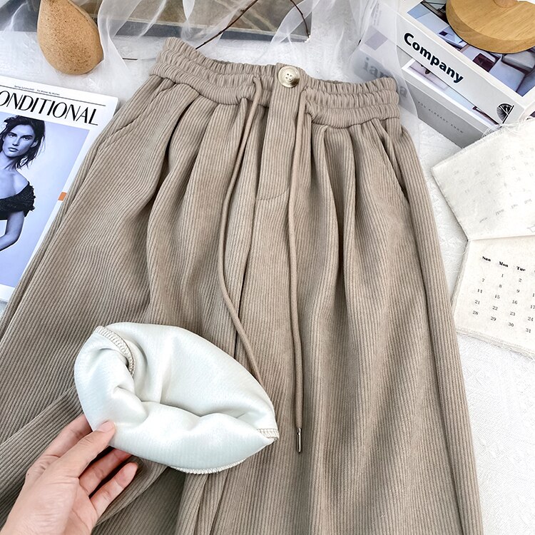 Yitimoky Wide Leg Pants Streetwear Women Thicken Warm Corduroy Elastic High Waist Techwear Autumn Winter 2022 Pink Drawstring