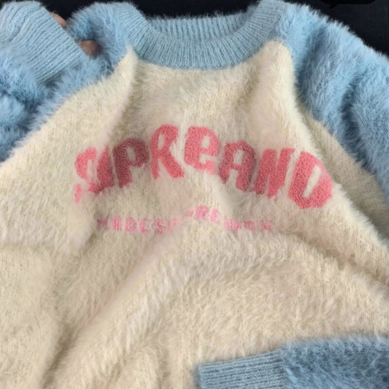 2022 autumn and winter Gentle lazy wind stitching letter sweater women loose wear Y2K Japanese vintage oversize knitted jacket