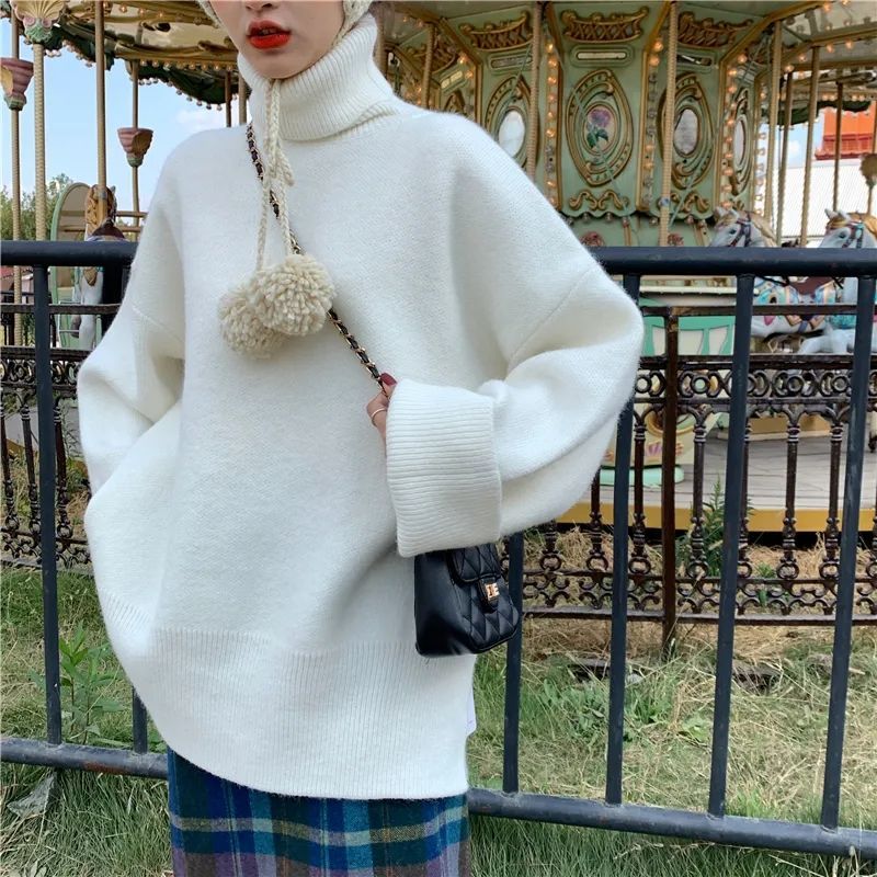 Thickened Solid Color High Collar Sweater Female Students Autumn Winter New Loose Head Set Hundred Open Knitted Sweater Jacket