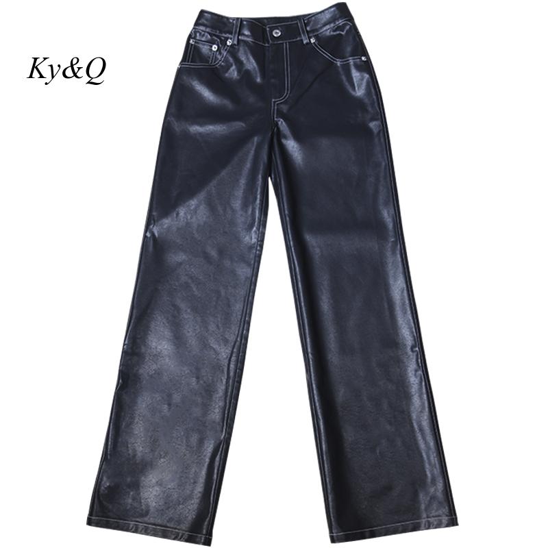 Hailey Same Women Black Loose Pu Leather Trousers 2022 New Vibe Fried Europe America Street High Waist Versatile Straight Pants