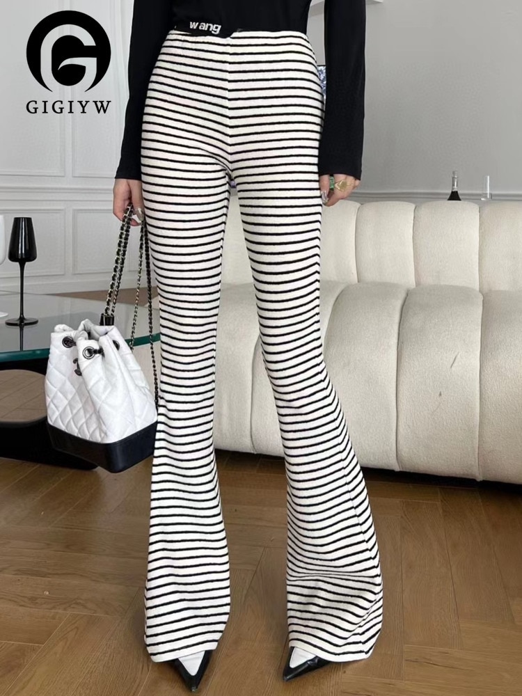 GIGIYW Classic Simple Metal Diamond Stripe Towel Versatile Elastic Leisure Stretch Pants Women Wide Leg Length Autumn 2022 New