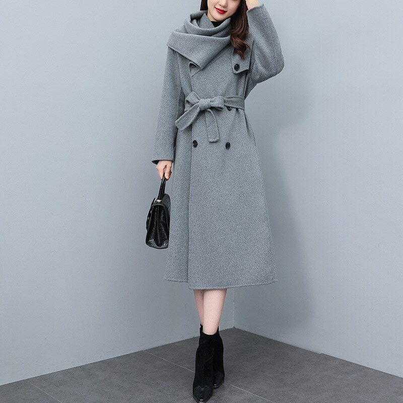 Korean High-End Scarf Collar Coat Double Breasted Sashes Woolen Long Temperament Women Autumn Winter Windbreaker Jacket T1078
