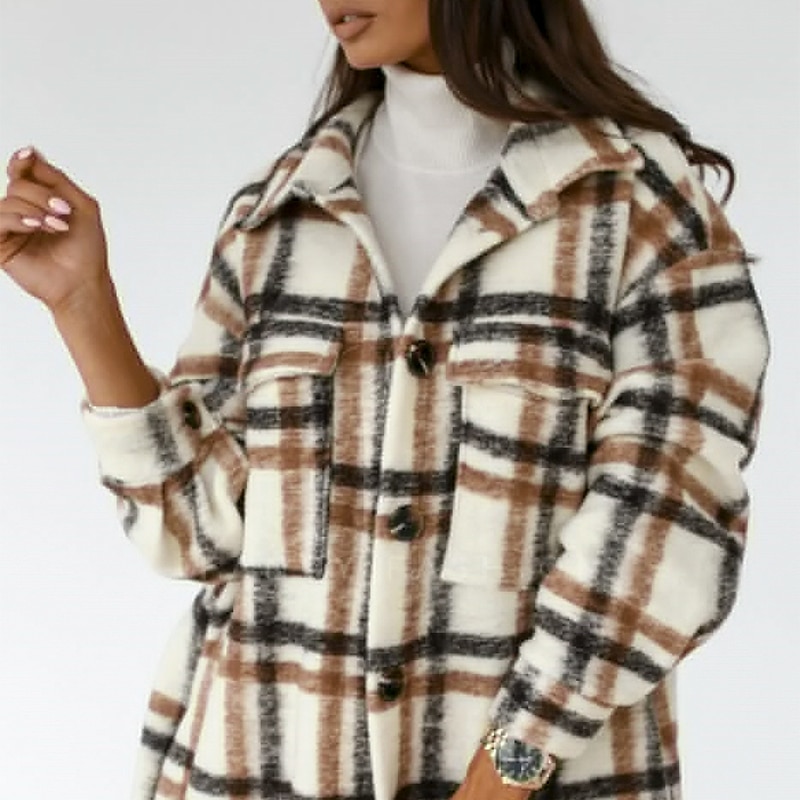 Casual Spring Plaid Long Blouse Women High Street Lantern Sleeves Shirt Pocket Button Ladies Outwear Shirts Loose 2021