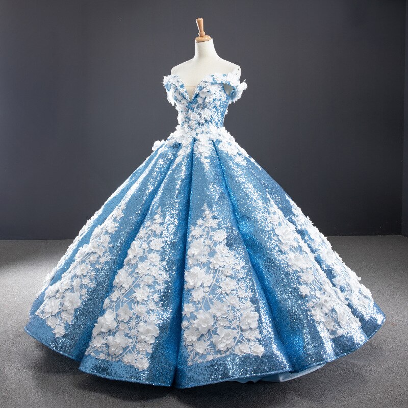 Sky Blue 3D Flowers Quinceanera Dresses One Shoulder Prom Gowns Dreaming Floral Flower Straps Beaded Corset Back Sweet 15 16