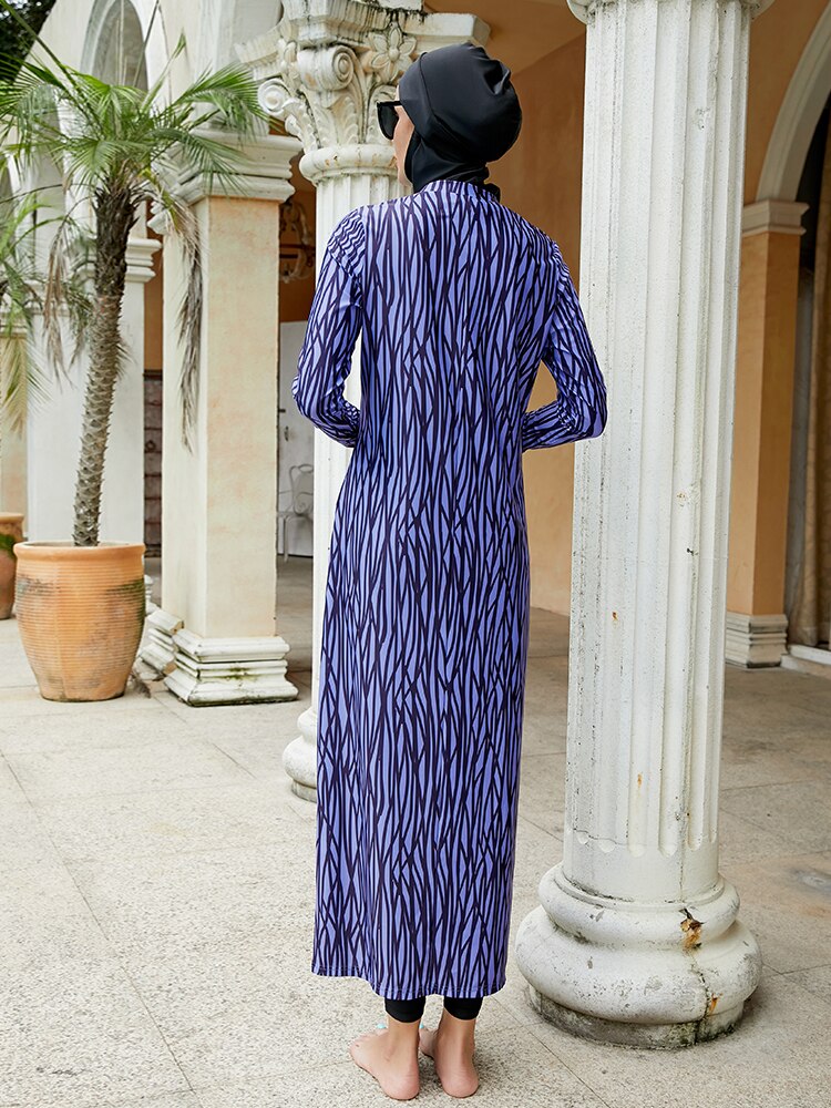 Zebra Print Swimsuit Long Sleeve Blue Swimwear Hijab Women 3 Piece Set Muslim Swimwear Burkini Ladies Rashguard Surf Swimsuit