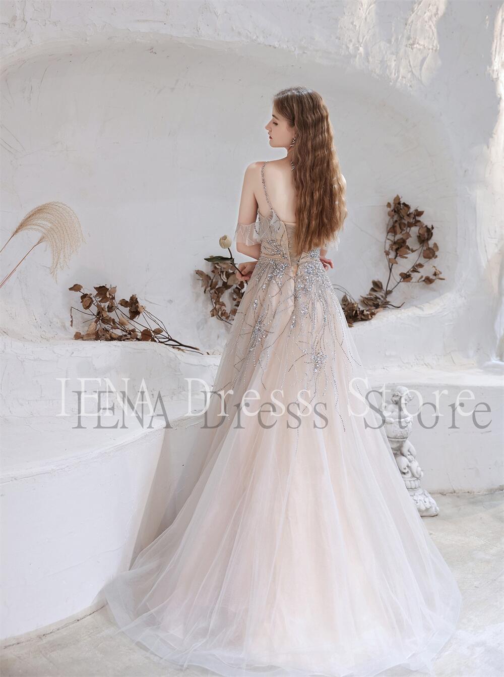 14273#IENA Champagne Sequins A-Line Prom Dresses Elegant Halter Evening Gown 2022 Off the Shoulder Plus Size Women Formal Dress