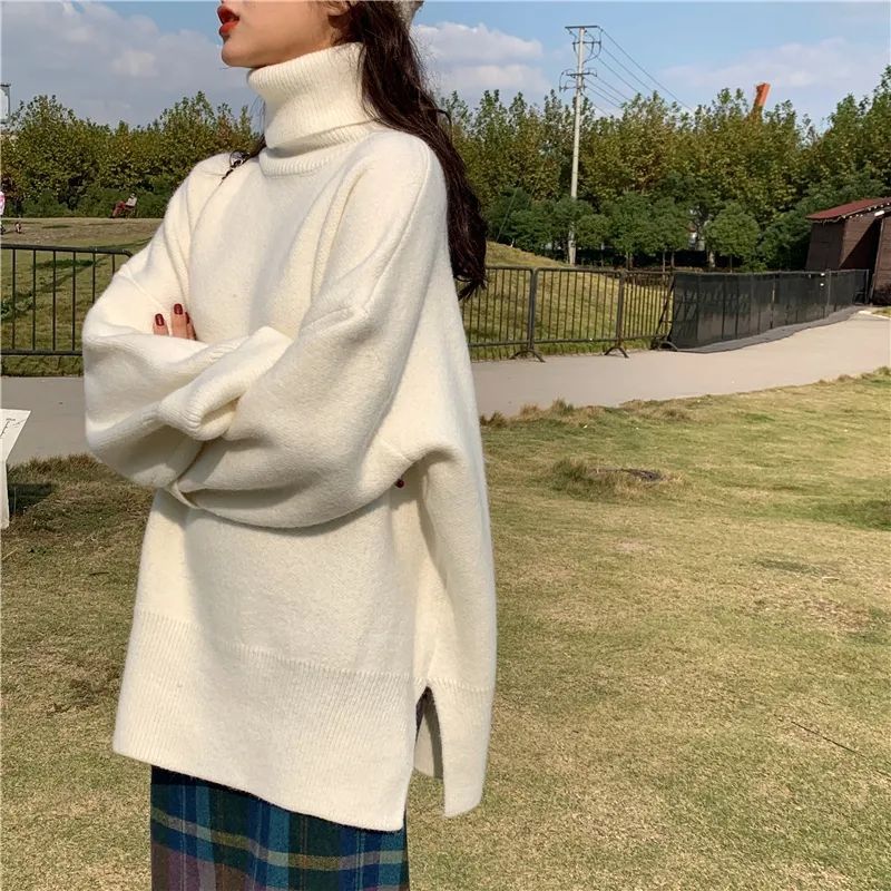 Thickened Solid Color High Collar Sweater Female Students Autumn Winter New Loose Head Set Hundred Open Knitted Sweater Jacket