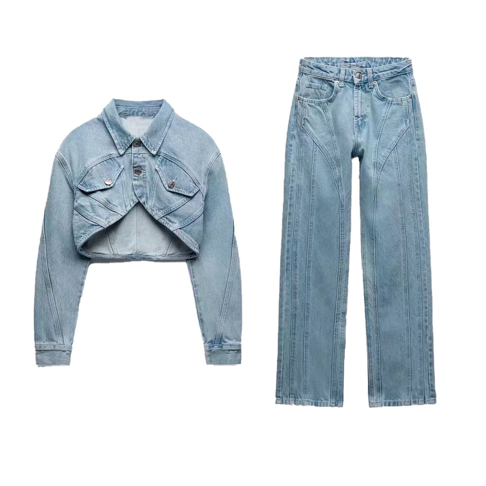 2022 spring new women's fashion retro all-match high waist stitching decoration casual pocket button straight jeans