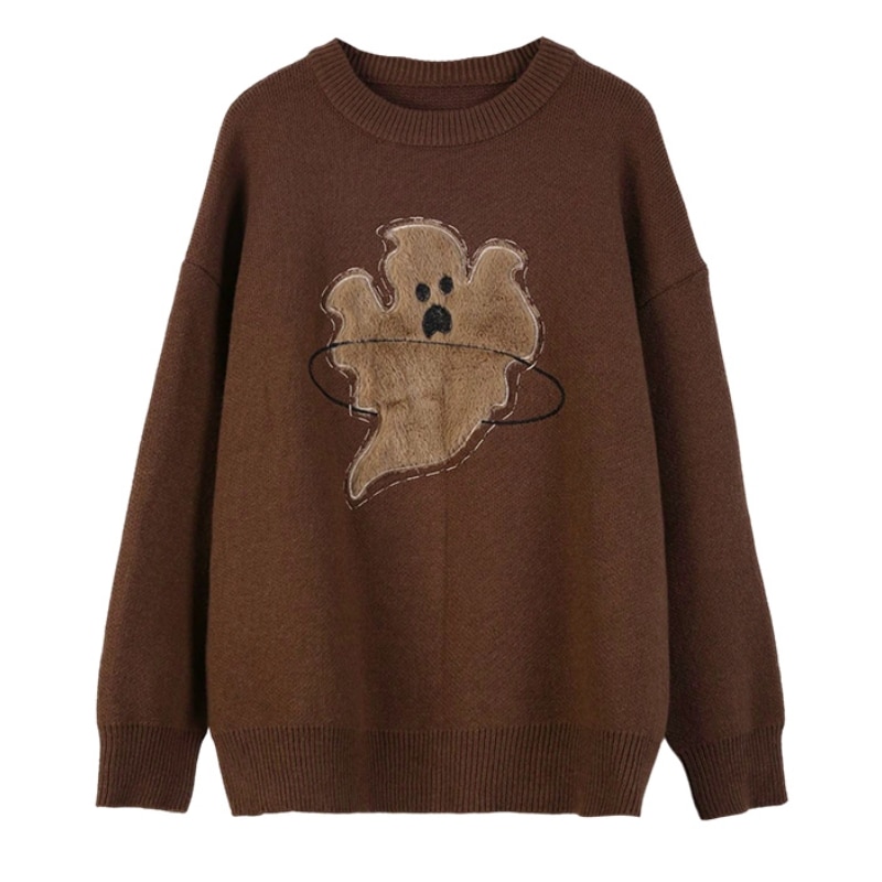 Vintage Women Apricot Sweater Round Neck Embroidery Fashion Leisure Lazy Wind Loose Winter Female Thicken Warm Knitting Pullover