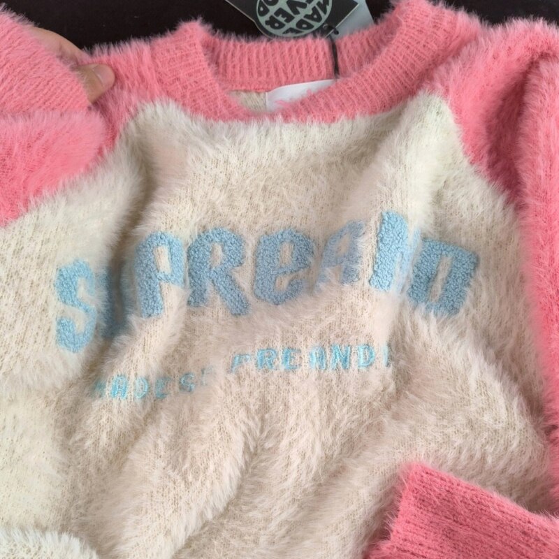 2022 autumn and winter Gentle lazy wind stitching letter sweater women loose wear Y2K Japanese vintage oversize knitted jacket