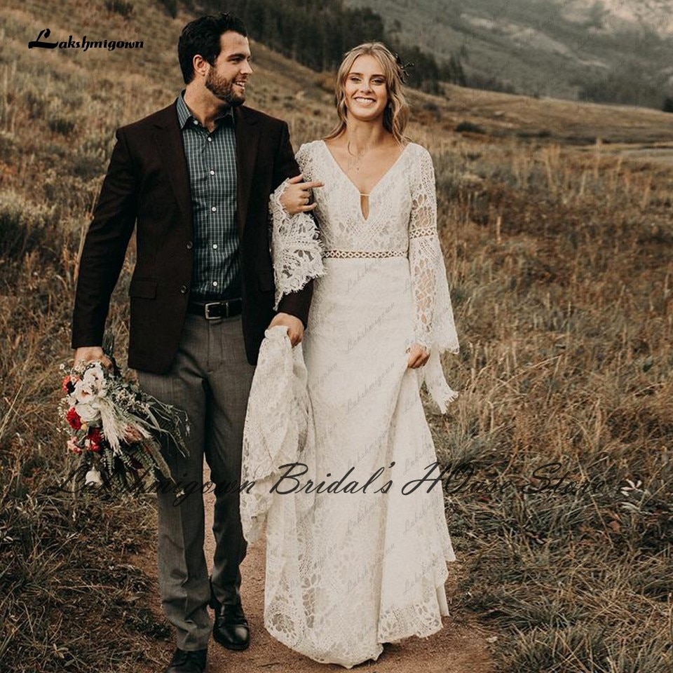 Lakshmigown Civil Lace Boho Wedding Dress Plus Size 2022 Abiti da Sposa Sexy Bridal Mermaid Puffy Long Sleeves Wedding Dresses