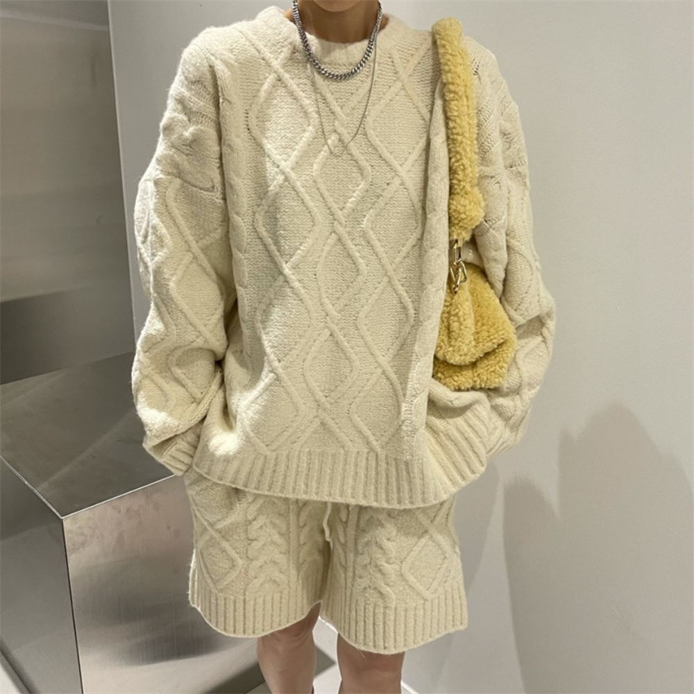 PLAMTEE Autumn Sweaters Women Two Pieces Sets Knitwear Pullovers Casual 2022 Office Lady Chic All Match Loose Wide Leg Shorts